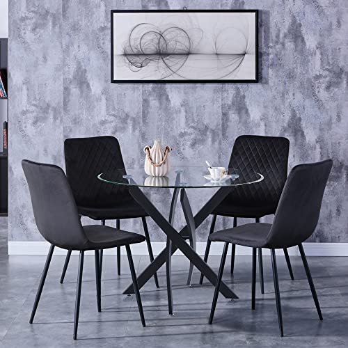GOLDFAN Table de Salle à Manger avec 4 Chaises,Ensemble de Table à Manger Ronde Verre avec 4 Chaises en pour 4~6 Personnes en Cuisine (4, Noir)