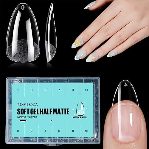 TOMICCA Medium Almond Nail Tips, 360PCS Clear Half Matte Full Cover for Extensions, Pre-Buff No File Traceless for Nail Art Salon and Home DIY, 12 Sizes