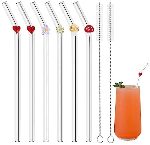 Glas Strohhalme Wiederverwendbar Mit Design - Blumen, Herzen & Pilze - 6 Gebogene Strohhalme & 2 Reinigungsbürsten - Perfekt für Smoothies, Kaffee, Tee, Milchshake, Slush