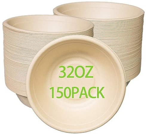 emlifepak 32oz Disposable Salad Bowls 150Pack, Big Paper Bowls, Large, Heavy-Duty, Eco-Friendly, Bulk Pack, Compostable Bowls, Biodegradable Made of Sugar Cane Fibers,Perfect For Salad