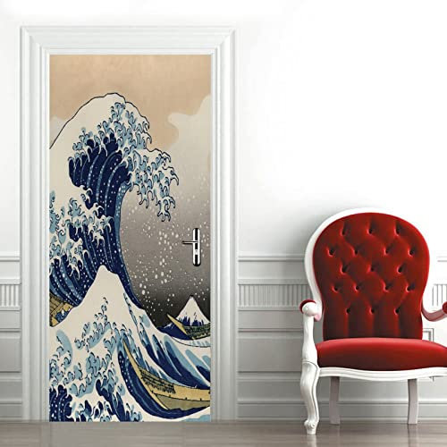A.Monamour Türtapete Selbstklebend Türfolie Türposter 3D Die Große Welle Vor Kanagawa Vinyl Folie Türdeko Tapete Wandbild Türaufkleber Türtattoo 95 x 215 cm