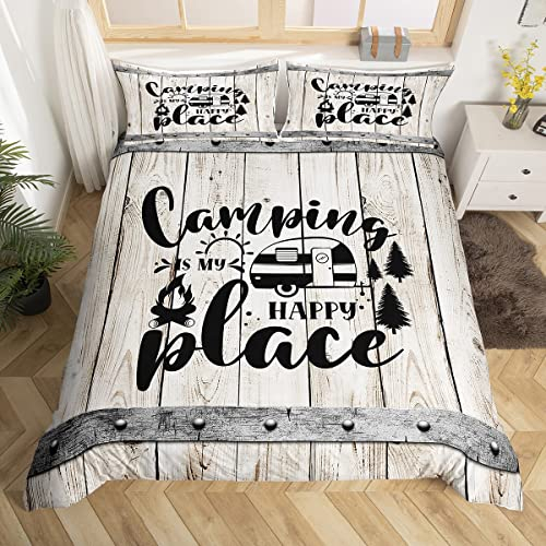 Glückliche Camping Bettbezug Set S Größe,Holzplanke Kiefern Bäume Rustikale Bauernhaus Bettwäsche Set Kinder Erwachsene,Camper RV Anhänger Dekor Tröster Abdeckung,Retro Quilt Cover,1 Kissenbezug