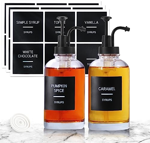 Distributeur de sirop de café pour bar à café, lot de 2 bouteilles de sirop en verre simple avec pompe et étiquettes, distributeur de sirop de 500 ml, distributeur de sirop noir