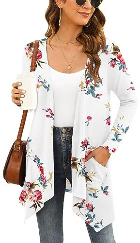 Yommay Women's Open Front Floral Duster Plus Size Lightweight Cardigan Long Sleeve Kimono Cardigans with Pockets Drape Shrug Top High Low Hem,Floral Off White,2XL