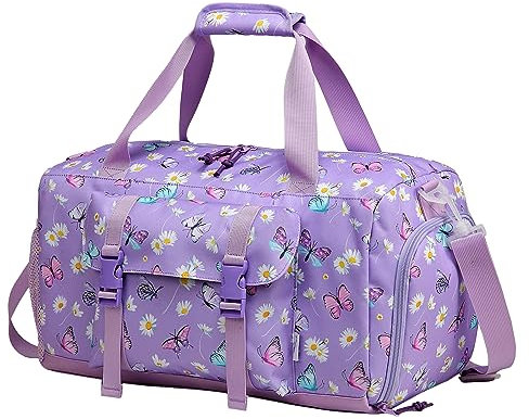 Kinder Reisetasche, Kasgo Duffle Bag für Kinder Jungen Mädchen Wasserabweisend Duffel Sport Carry On Weekender Bag mit Schuhfach Dry Wet Pocket Lila Schmetterling
