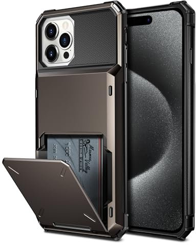 Coolden for iPhone 15 Pro Max Case with Card Holder Wallet Case 4 Card Pocket Shockproof Case Heavy Duty Hard Back TPU Bumber Flip Case Protective Case Cover for iPhone 15 Pro Max Phone Case-Gun