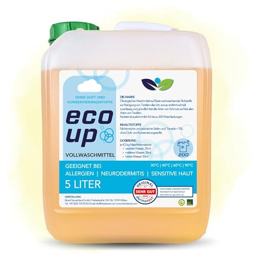 ecoUp Sensitive Ökologisches Flüssigwaschmittel 5L für Allergiker Babies und empfindlicher Haut Neurodermitis Schuppenflechte, ohne Duftstoffe, 200 Waschladungen, 30-90°C Dermatest „Sehr gut“
