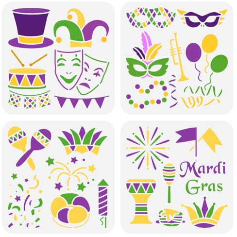 FINGERINSPIRE 4 Stück Mardi Gras Malschablone 20x20 cm Große Trommeln Luftballons Bunte Bänder Zeichenvorlage Musikinstrumente Flaggen Schablone Zum Malen von Mardi Gras Wörtern