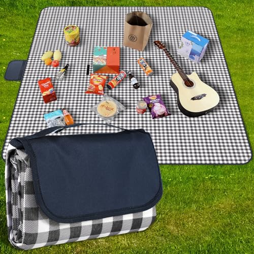 GUSUWU Couverture de Pique-Nique imperméable 200 x 200 cm - Tapis de Plage - Tapis de Pique-Nique Lavable et léger avec poignée - Motif à Carreaux Bleu Marine - pour randonnée, Voyage, extérieur