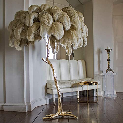 Feather lamp Luxurious Resin LED Floor Lamp with Natural Ostrich Feather Shade - Dimmable, Ideal for Reading in Your Princess Bedroom Home Office, Big Hallway