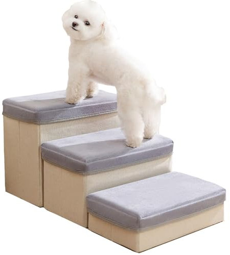 PJDDP Dog Ramp with Storage, 3 Step Dog Stairs,Detachable Pet Stairs,Folding Dog Steps for High Bed & Couch & Window Sill,Non-Slip Pet Storage Stepper for Puppy, Small Dogs And Cats