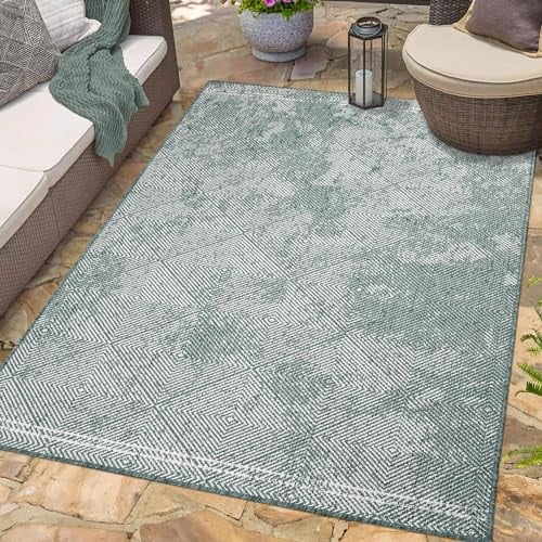 carpet city Outdoor Teppich Wetterfest 160x230 cm - Grün - Wendeteppich, Beidseitiges Meliertes Rauten-Muster - Balkonteppich Wasserfest Outdoor - Terrassenteppich