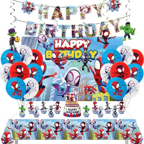 Geburtstagsdeko Spider, Deko Geburstag Kinder, Spider Superfreunde Geburtstag Set Jungen, Luftballon Set mit Tischdecke und Hintergrundtuch, Birthday Dekorations für Themenpartys