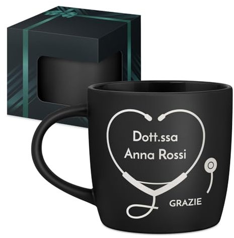 Maverton Tazza da caffè latte o tè in ceramica - 400 ml - Incisione personalizzata - Bicchiere con manico per bevande per Lei - Tazze da colazione per compleanno donna - Interno nero - medico