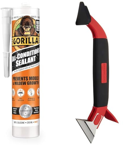 Gorilla 1144010 All Conditions Sealant Silicone White 295ml & Amazon Basics 3-IN-1 Caulk Tool for Removal and Application