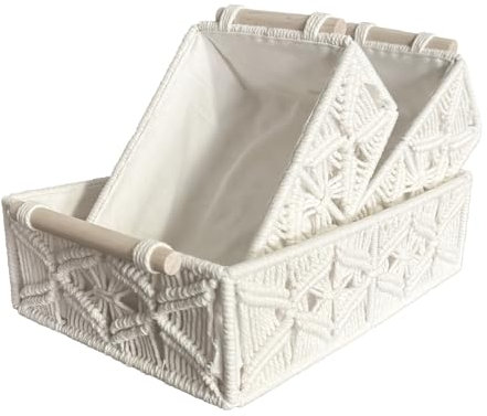 Schevem 3er-Set Boho Aufbewahrungskörbe,geflochten,Boho mit Griffen,Makramee aus Baumwollseil, handgemachter gewebter Brotkorb,Dekokorb für Badezimmer,Schlafzimmer,Küche und Regal Büro Organizer