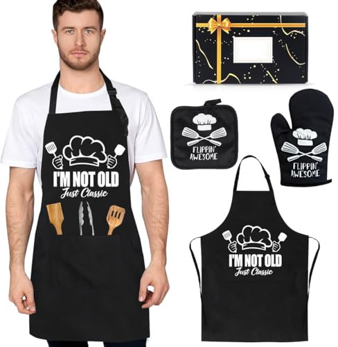 TOLOYE 3pcs Chef Bib Aprons set for Men, Cooking Apron with Hand Wipe Pockets, Adjustable Waterproof Apron with Gloves and Thermal Pad, Black Apron for Birthday, Thanksgiving