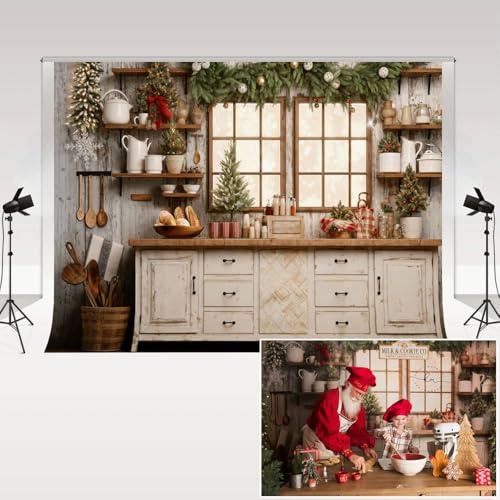 Kate Fondo de fotografía 2,2x1,5m/7x5ft Invierno Navidad Cocina Interior Cocina Ventana Árbol de Navidad Armario Niños Familia Retrato Decoración Telón de Fondo Estudio fotográfico