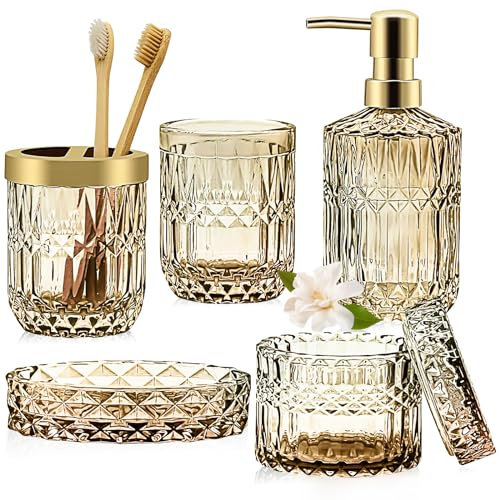 Gold Bathroom Accessories Set 5Pcs,Bathroom Accessories Set with Gold Soap Dispenser, Soap Dish, Toothbrush Holder, Tumbler, Cotton Swab Jars