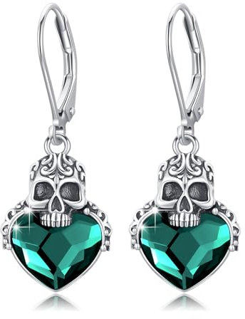 PARYFO Totenkopf Ohrringe 925 Sterling Silber Totenköpfe Ohrringe mit Grüner Kristall Totenkop Gothic Schmuck Halloween Schmuck für Damen Mädchen, Sterling Silber