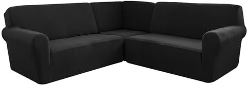 AIMENJOY L-Form Sofahusse 5/7-Sitzer Eckcouch Cover, Elastischer Ecksofabezug Mit Anti-rutsch Schaumstoffankern, 3-teilige Dicker Jacquard Schonbezug (Black,5 Sitzer)