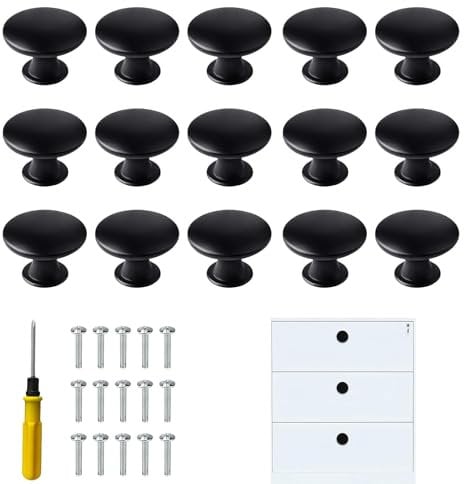 PSFXBM 15 Pcs 30mm Black Cupboard Knobs, Cabinet Knobs, Kitchen Door Knobs, Mushroom Drawer Knob, Black Drawer Handles, with 15 Screws for Drawers, Cabinets Wardrobes,Bedroom Furniture Doors