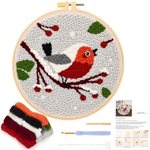 JSRQT Punch Needle Kit for Beginners, DIY Cross Stitch Rug Embroidery Kit with Little Bird Pattern for Adult Kids, Punch Needle Starter Kit with Tool for Home Decor