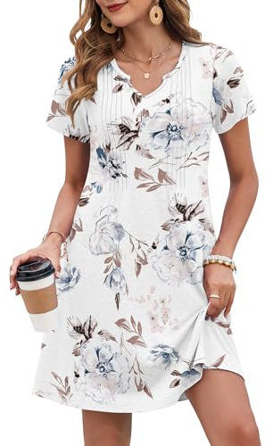 PLOKNRD Damen Sommerkleid 2025 Elegant Plissiert Freizeitkleid Gekerbter V-Ausschnitt T-Shirt Kleid Knielang mit Taschen(Weiße Blumen,2XL