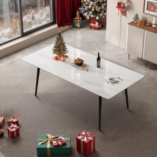 OLEYLUCKIDEA Moderne Esstisch, rechteckiger Esstisch, Tischplatte aus gesintertem Stein, Rahmen aus Kohlenstoffstahl, geeignet für Esszimmer und Küche, 180 x 90 x 75 cm, weiß (ohne Essstühle)