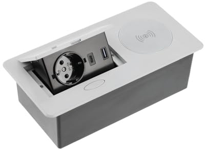 GTV Möbelsteckdose AVARO Plus, kompakte Steckdose mit 5W Induktionsladegerät, USB-A und USB-C, erhältlich in Weiß, Schwarz, Aluminium, ideal für Home-Office und Büros