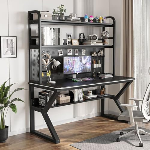 Gaming-Schreibtisch mit Stecktafel und eingebautem Bücherregal für Heimbüro und Arbeitsbereich (Schwarz, 80 x 60 x 170 cm)