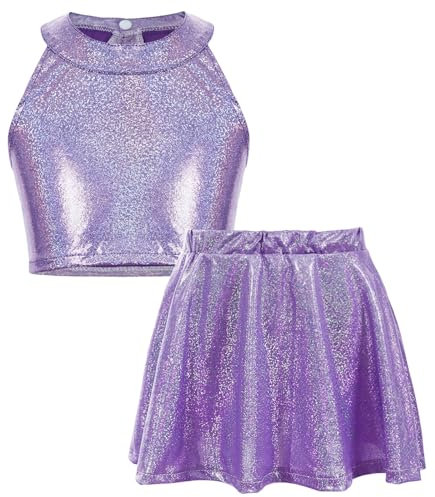 AIEOE Vestito da Ballo Ragazze Paillettes Costume da Ballo Jazz per Bambini Vestito da Discoteca e Costume Glitter Ragazze Viola 6-9 Anni