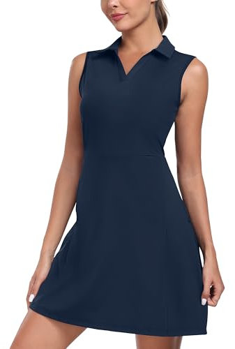 MoFiz Tenniskleid mit Hose Damen Ärmellos V-Ausschnitt Sommer Golf Sportkleider Freizeitkleider Polokleid mit Reißverschlusstaschen Blau EU M