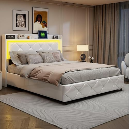 RWUDV Polsterbett 140x200cm mit LED und USB, Doppelbett mit LED Kopfteil, Jugendbett mit Stauraum und Lattenrost, Stauraumbett Funktionsbetten Rückenlehne Bettrahmen (PU-Weiß, 140x200cm)