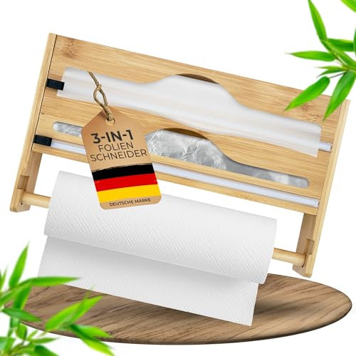 NATURTRIEB 3-in-1 Folienschneider aus Bambus | Frischhaltefolie, Alufolie & Küchenrolle | Praktischer Wandrollenhalter Spender für Küche mit scharfen Klingen | Platzsparend & Elegant