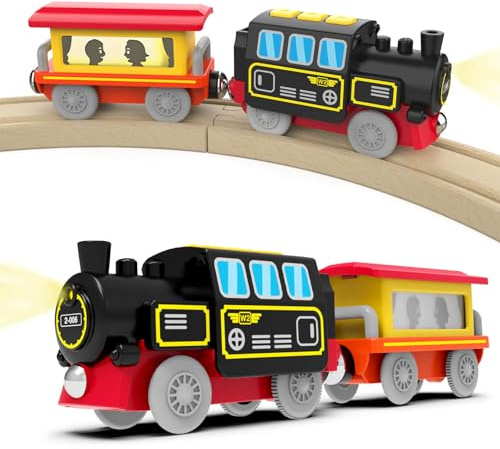 DxxD Eisenbahn Elektrische lok Holzeisenbahn Zug Kleinkind, Batteriebetriebenes Lokomotivzug mit Frontscheinwerfern und Sound, Zugset Kompatibel mit Thomas, Brio, Spielzeuglok für Kinder ab 3 Jahren