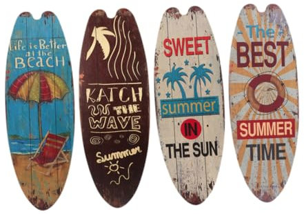 GREENADSCAPE 4-teiliges Holz Surfbrett-wanddekor Strand Robuste Konstruktion Vielseitige Wanddekoration Natürliche Holzoptik