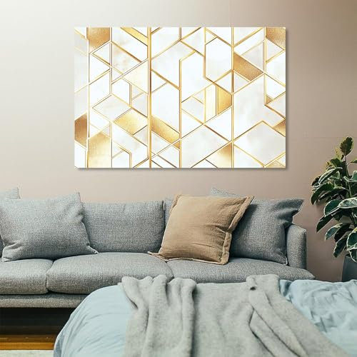 Wandbilder Dekoration Wohnzimmer Weiße und goldene geometrische Streifen Bilder auf Leinwand 70x140cm Leinwandbild Schlafzimmer Küche Deko Wand Kunstdruck Art Groß XXL Wanddeko Bild Wall Decor Canvas