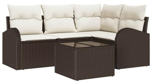 vidaXL Garten-Sofa-Set mit Kissen 5 pcs Braun und Weiß Poly Rattan, Garten und Terrasse, rechteckig, modern, verstellbare Füße, langlebig, UV-beständige Materialien, Sitzgruppe für draußen