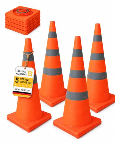 Valchoose Verkehrskegel 4er Set 70 cm (28 Zoll), faltbar & reflektierend | Pylonen & Warnkegel mit 3 Reflexstreifen und befüllbarer Basis für Baustelle, Parkplatz & Pannenhilfe