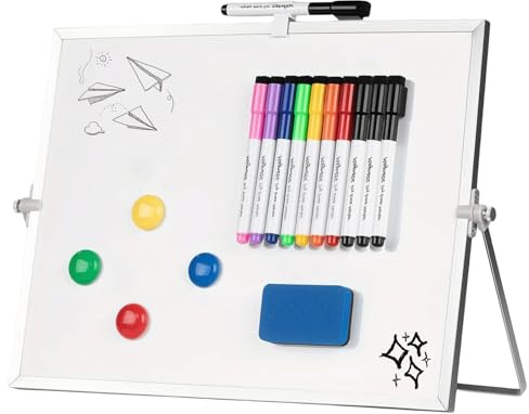 GOEDCH Petit tableau blanc magnétique double face 30 x 40 cm avec support, effaçable, mini tableau blanc avec 10 stylos, 4 aimants, éponge, portable pour la maison, l'école, le bureau