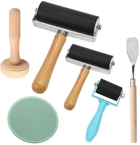Brayer Roller for Crafts,3Pcs Printmaking Ink Rollers,Rubber Brayer Rollers | with 1 Scraper, Plastic Stamp Making Platen and Mushroom Roller for Lithography Block Printing DIY Arts Crafts