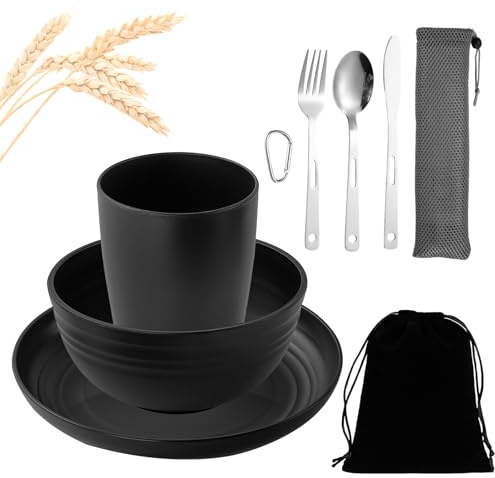 BEELUKY Lot de 9 Couverts de Camping Incassables en Plastique avec Bol, Assiette, Gobelet, Couteau, Cuillère et Fourchette pour Pique-Nique
