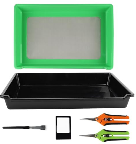 CISSIYOG Trimming Tray,Trimmschale,Pollensieb,Trim Bin | 150 Mikron Feinmaschiges Sieb und 2 Trimmscheren,mit Gerader Klinge Lupenkarte,für Pollen und Kräutersieb