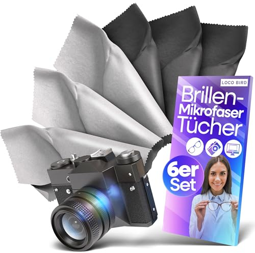 Loco Bird Brillenputztücher Mikrofaser in 30x30cm - 6er Set - Brillenputztuch Microfaser in Optikerqualität - Mikrofasertücher für Brille & Display, Brillen Zubehör, Brillentücher in Grau