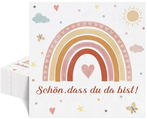 40 Regenbogen Cocktailservietten, 16,5 x 16,5 cm, Schön dass du da bist | 2-lagiges Papier, weich und saugfähig, für Geburtstag, Taufe, Kommunion und Hochzeit