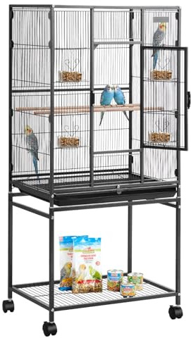 VEVOR Bird Cage, 24.6 x 16.7 x 53.9 inch, Flat Top, Wrought Iron Bird Flight Cage with Perches, Slide-Out Tray and Plastic Feeders, Casters, for Parrot, Blue Tit, Cockatiel, Canary, Budgerigar, Conure