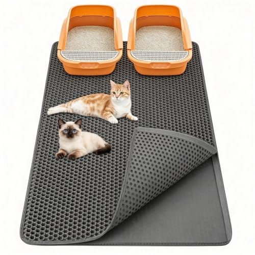 Cat Litter Mat 90 x 60 cm, EVA Double Layer Honeycomb Holes Design Grey | Waterproof Litter Tray Mat Cat Litter Tray Mat