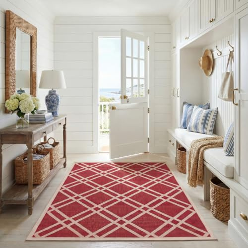 SAFAVIEH Washable Rug Outdoor Courtyard Collection - 4' x 5'7, Red & Bone, Non-Shedding & Easy Cleaning, Ideal for Patio, Backyard, Mudroom (CY6923-248)