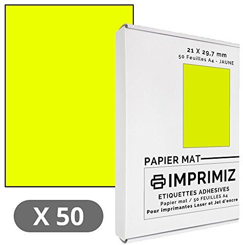 50 Feuilles Adhésives JAUNE Fluo - 210 X 297 mm - Mat - pour imprimantes Laser et Jet d'encre - 50 planches A4 autocollantes